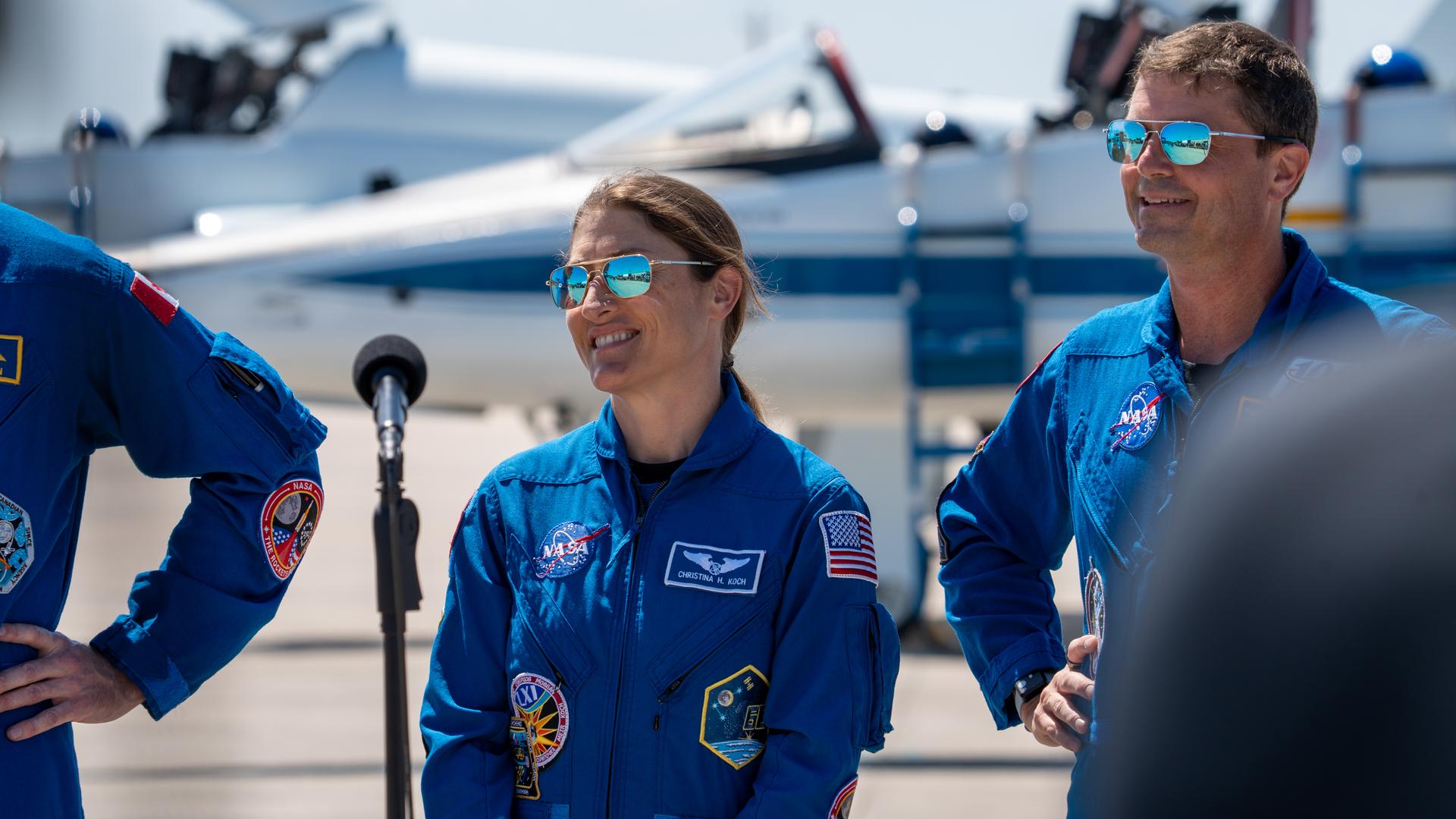 These images show the moments shortly after the arrival of the Artemis II crew to NASA’s Kennedy Space Center on March 27, 2026 ahead of the launch. The four astronauts, Victor Glover, Reid Wiseman, Christina Koch, and Jeremy Hansen, arrived on a T38, which can be seen behind them. They took turns speaking to the crowd as they also announced the zero-gravity indicator they would be taking with them on their journey.